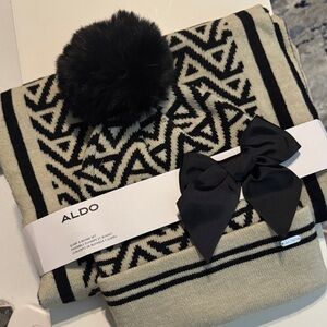 Aldo Black and Cream Scarf Set with Pom-Pom